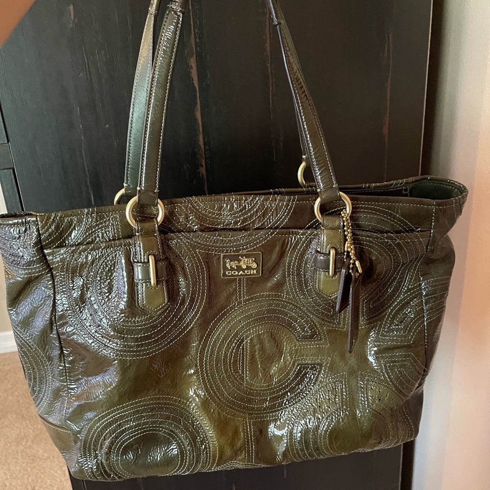 Coach Green Embossed Leather Tote with Gold Hardware
